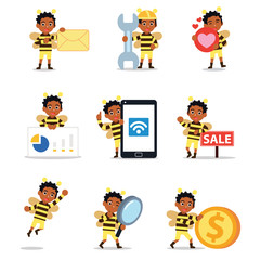 Set of man character in bumble bee cute costume looking for honey in a jar.