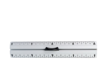 Gray metal ruler with handle. Measuring instrument.