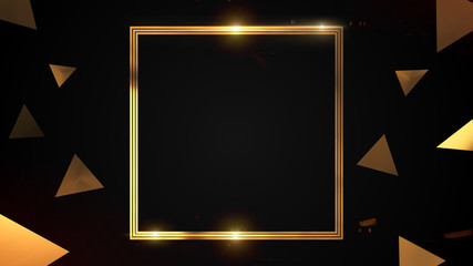 Gold metal glitter and shiny square frame on black background