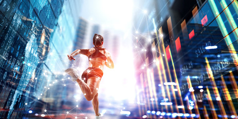 Sportswoman run race. Mixed media