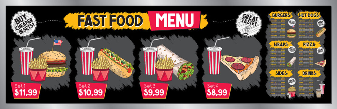 Fast food restaurant menu template - price list/ banner (sets, burgers, hot-dogs, tortilla wraps, pizza, french fries, drinks) - 200 x 60 cm
