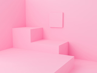 3d render interior of pink abstract geometric background or texture for display and website. Pastel wall corner scene with podium and photo frame minimal. Cube pedestal template design. Art room.