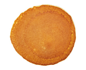 Single pancake isolated on a white background, top view. - obrazy, fototapety, plakaty