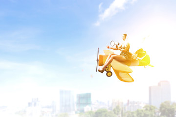 Woman in retro airplane . Mixed media