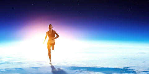 Sportswoman run race. Mixed media