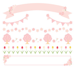 春　桜　チューリップ　ライン　フレーム　イラストセット