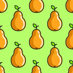 Vector seamless pattern with colorful pears on green background; flat pear icons; fruity design for fabric, wallpaper, wrapping paper, package, textile, tablecloth, web design.