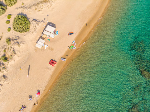 Aerial drone view of Halikounas Beach and Lake Korission, Corfu island, Ionian Sea, Greece