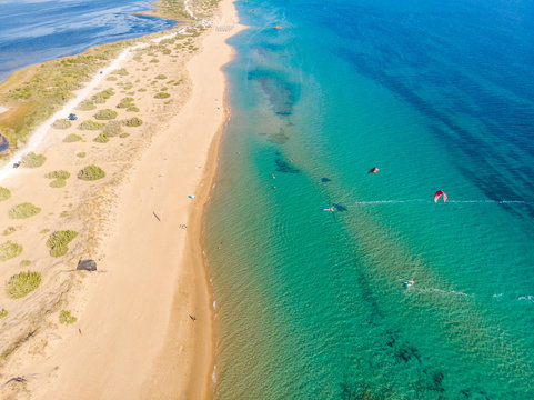 Aerial drone view of Halikounas Beach and Lake Korission, Corfu island, Ionian Sea, Greece