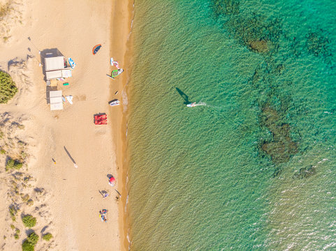 Aerial drone view of Halikounas Beach and Lake Korission, Corfu island, Ionian Sea, Greece