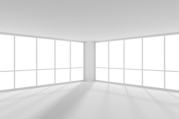 Empty white business office room with sunlight from large windows