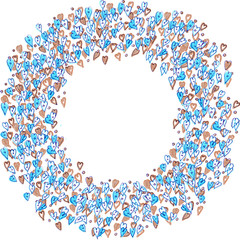 wreath of blue and brown hearts on a white background with copy space