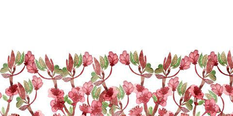 Watercolor hand painted nature floral banner frame composition with pink apple blossom flowers on the branches with green leaves bouquet on the white background for invitations and greeting cards