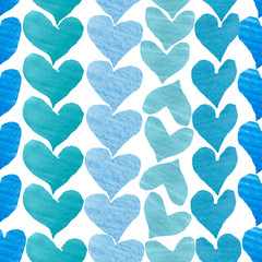 Obraz na płótnie Canvas Watercolor hand painted knitted romantic seamless pattern with light and dark blue hearts isolated on the white background, trendy lovely print for valentine's day design elements and cards