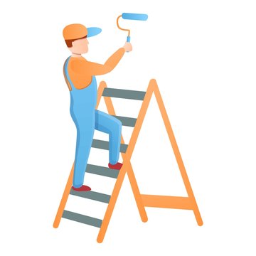 Painter guy on a stepladder icon. Cartoon of painter guy on a stepladder vector icon for web design isolated on white background