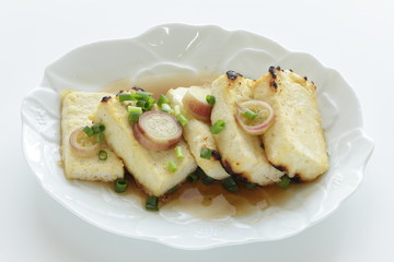 Pan fried tofu and scallion with soy sauce for healthy food image