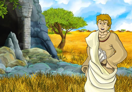 cartoon safari scene with greek or roman character philosopher or warrior discovering the cave - illustration for children