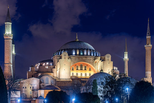 Night Time over Hagia Sophia or Hagia Sophia Church of the Holy Wisdom in Istanbul, Turkey	