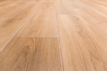 Linoleum flooring with wooden planks pattern imitation, low point view