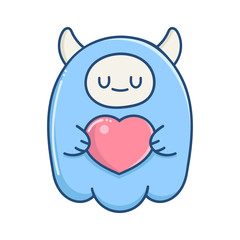 kawaii blue valentine monster holding heart