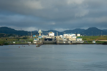 View of the Miraflores Locks, East Lane. Giant locks allow huge ships to pass through the Panama Canal.