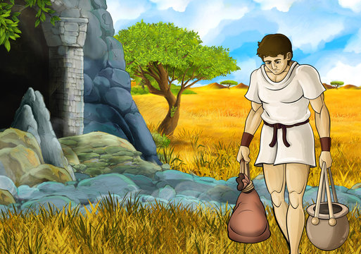 cartoon safari scene with greek or roman character philosopher or warrior discovering the cave - illustration for children