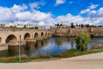 Puente Romano, the Roman Bridge in Merida with the Alcazaba, Extremadura, Spain