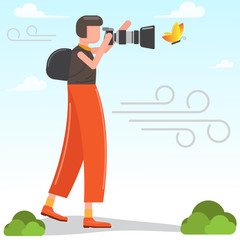 Vector photographer character modern flat style. Camera and professional operator, correspondent man illustration