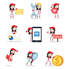 Set of character female baseball player wearing gloves.