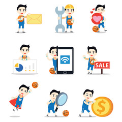 Set of character male basketball player wearing blue jersey.