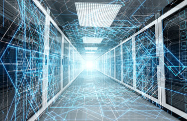 Connection network in servers data center room storage systems 3D rendering