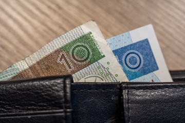Sticking out money in wallet. Polish currency. Polish zloty banknotes. Polish money. PLN