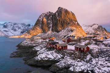 Hamnoy fishing village in the Lofoten Islands bathed in bright morning light