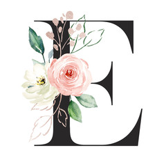 Letter e, alphabet with watercolor flowers roses and leaf. Floral monogram initials perfectly for wedding invitation, greeting card, logo, poster and other. Holiday design hand painting.