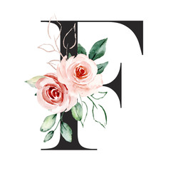 Letter f alphabet with watercolor flowers roses and leaf. Floral monogram initials perfectly for wedding invitation, greeting card, logo, poster and other. Holiday design hand painting.
