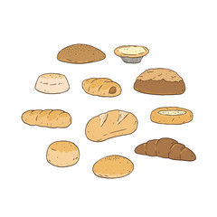 Set of bread and bakery product hand drawn vector illustration.