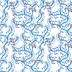 Seamless pattern of abstract unreal  blue plants with orange flowers in continuous order. Watercolor hand painted  elements isolated on white background. 
