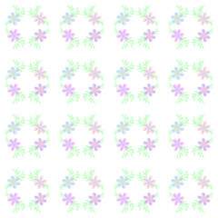 Floral spring seamless pattern in pastel colors. Flowers, leaves, twigs pink blue, white background, tablecloths, napkins, cards, textiles, fabrics, scarf, carpet, gift wrapping paper, packaging, cove