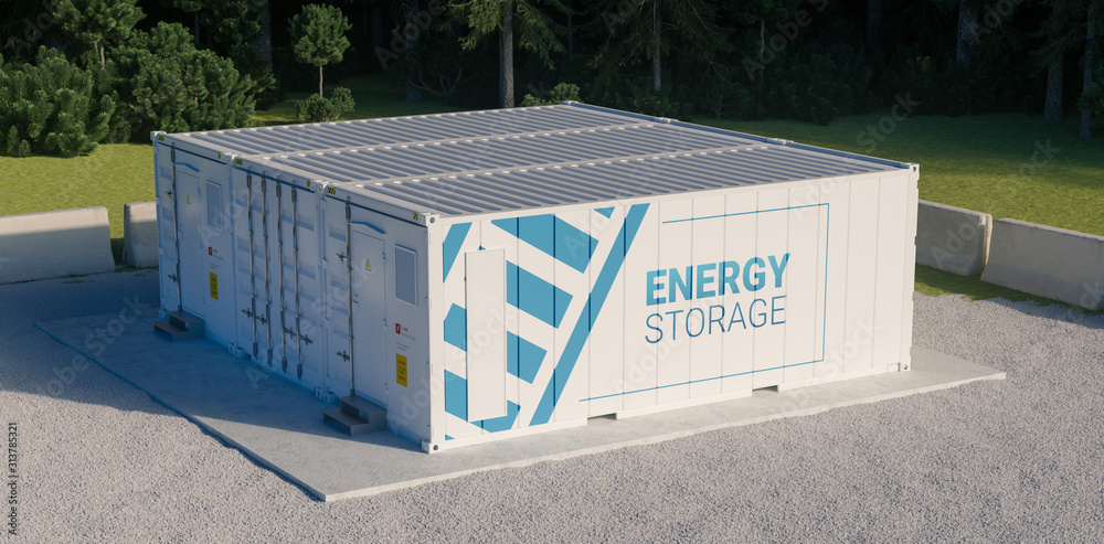 Wall mural concept of energy storage unit consisting of multiple conected containers with batteries. 3d redneri