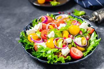 Red yellow cherry tomatoes, goat cheese, onion, pomegranate green salad on dark background. Selective focus, space for text.