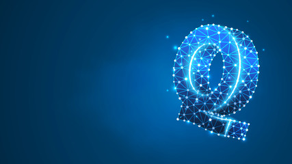 Alphabet letter Q. Design of an Uppercase english letter. Banner, template or a pattern. Abstract digital wireframe, low poly mesh, Raster blue neon 3d illustration. Triangle, line, dot