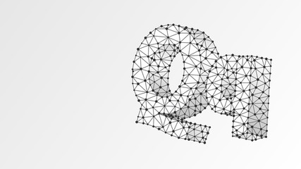 Alphabet letter Q. Abstract digital wireframe, low poly mesh, Raster white origami 3d illustration. Design of an Uppercase and lowercase english letters. Banner, template or a pattern. Line, dot