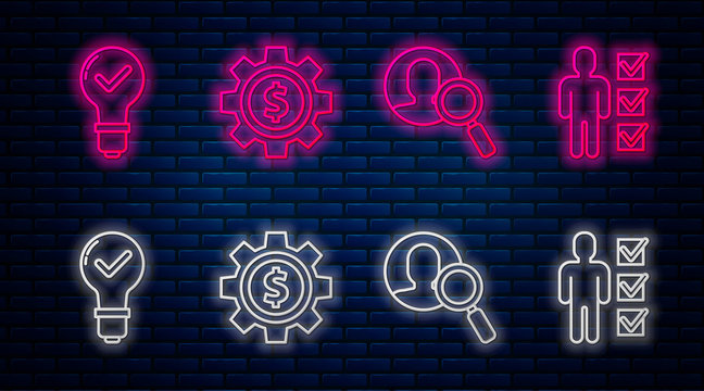 Set Line Gear With Dollar Symbol, Magnifying Glass For Search A People, Light Bulb And Check Mark And User Of Man In Business Suit. Glowing Neon Icon On Brick Wall. Vector