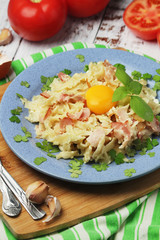 A plate with traditional pasta carbonara