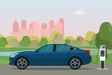 Fototapeta na wymiar Electric sedan car in a city. Electric car is charging, side view. Vector flat style illustration.