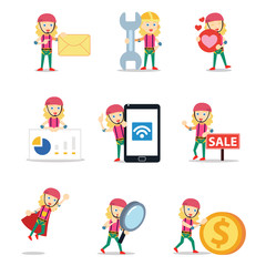 Set of character climber woman with leaving trail.