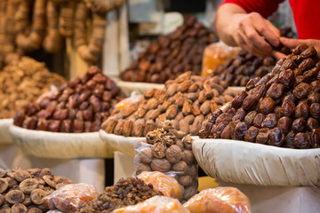 Dates, dry fruits from a moroccan market shop in the Medina of Fes