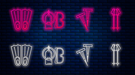 Set line Diving mask and aqualung, Pegs for tents, Rubber flippers for swimming and Ski poles. Glowing neon icon on brick wall. Vector © Oksana