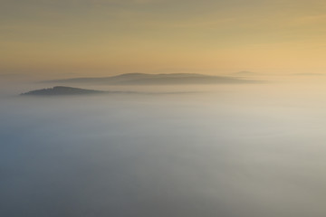 Aerial view of morning fog and sunrise in autumn