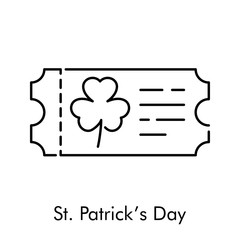 Día de San Patricio. Icono plano lineal ticket con trébol en color negro